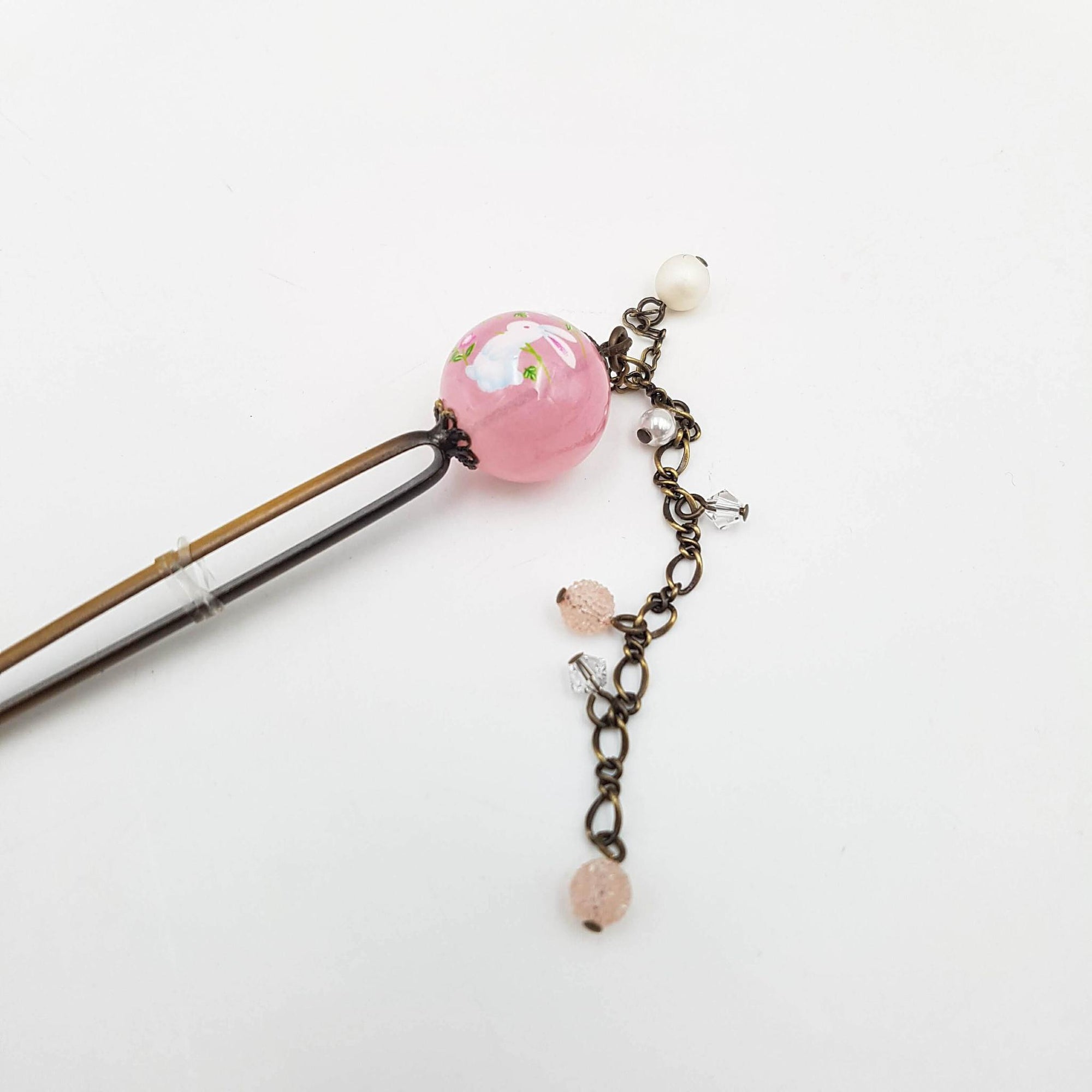 Épingle pic à cheveux japonaise Kanzashi avec boule de verre et chaînette de perles – Lot de 3