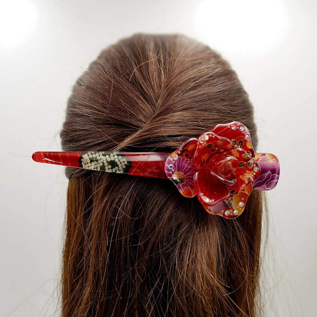 Grande pince fleur à cheveux japonaise avec tissu chirimen et résine -Lot 3