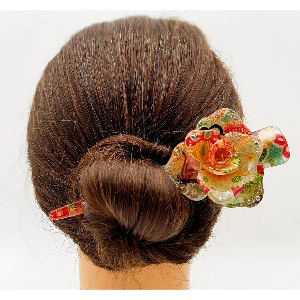 Grande pince fleur à cheveux japonaise avec tissu chirimen et résine -Lot 3